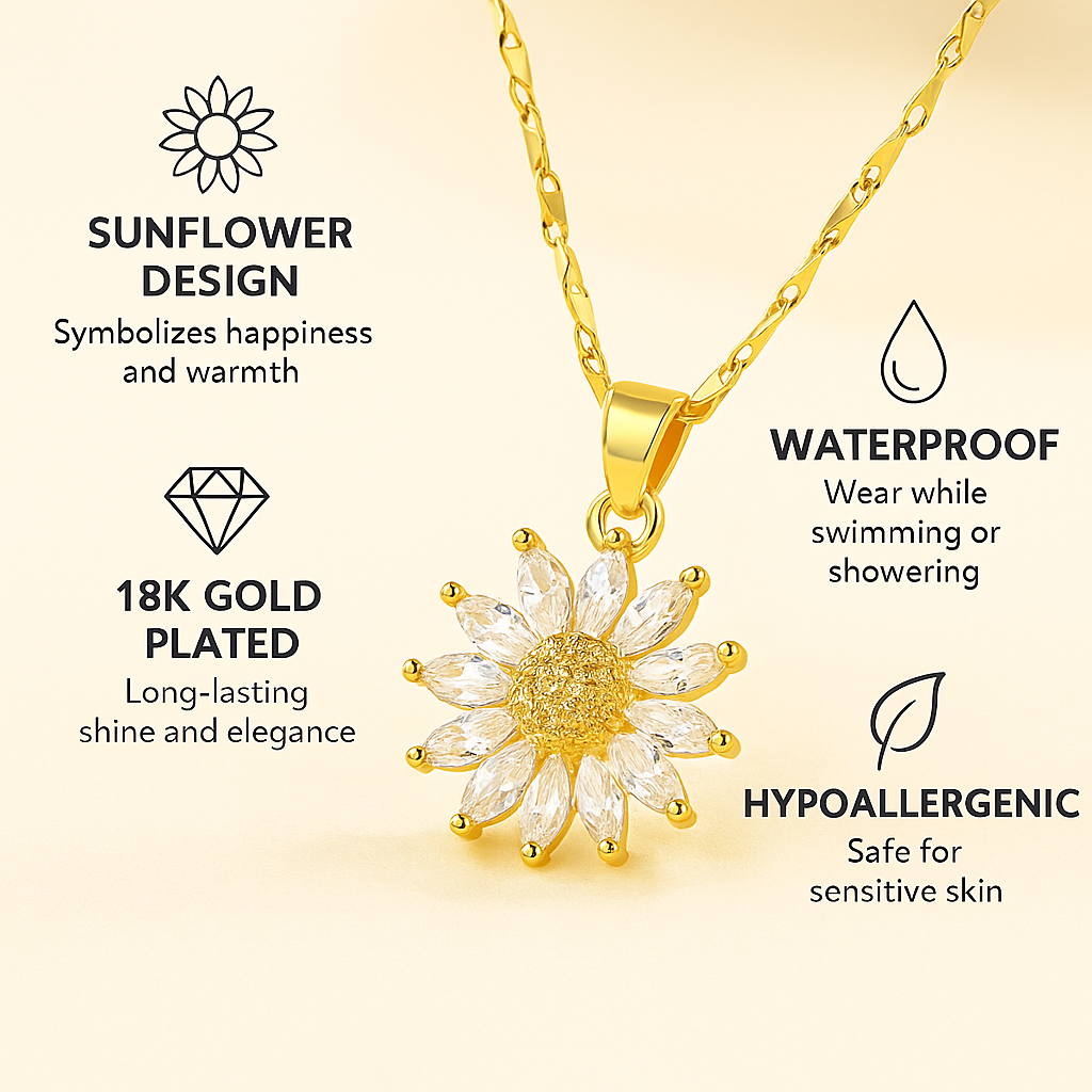 Ora & Eve 18K Gold Sunflower Necklace for Women – Dainty Crystal Flower Pendant on Gold Chain, Waterproof, Tarnish-Free, Hypoallergenic Jewelry, Gift-Ready Nature-Inspired Necklace
