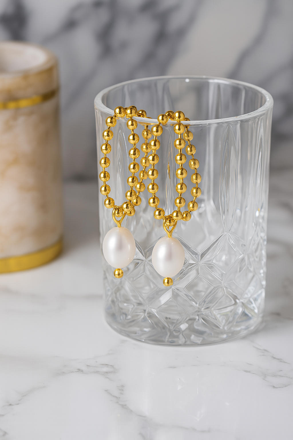 Gold Beaded Pearl Drop Earrings for Women – 18K Gold Plated Double Hoop Dangle Earrings with Simulated Pearls, Elegant Lightweight Statement Jewelry, Waterproof Gift for Her