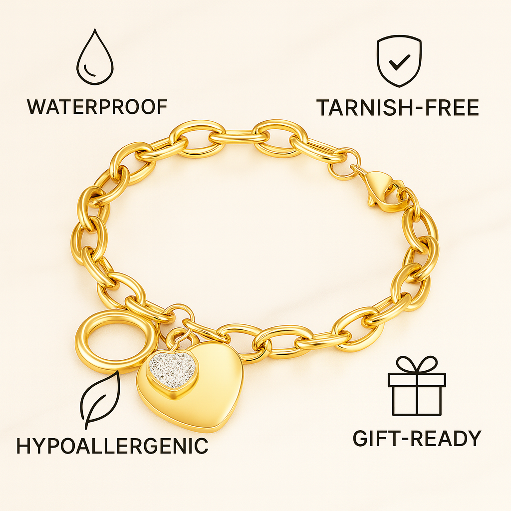 Gold Heart Charm Bracelet for Women – 18K Gold Plated Toggle Chain with Crystal Heart Pendant, Waterproof Dainty Jewelry Gift for Her