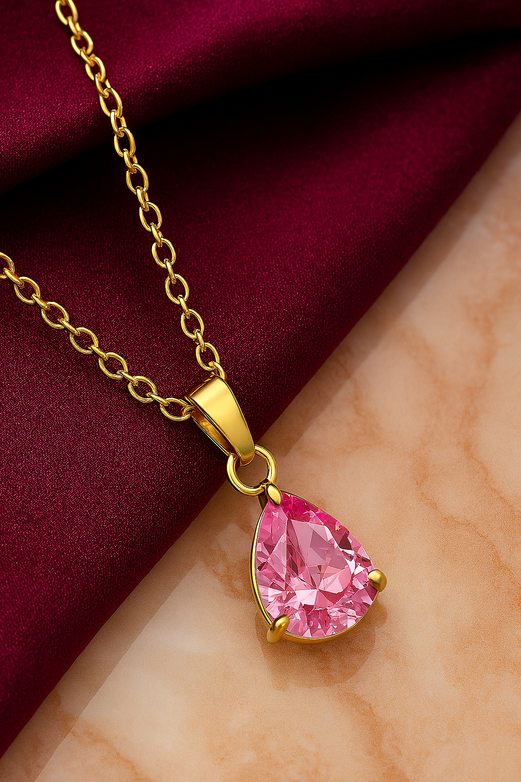 18K Gold Plated Pink Teardrop Pendant Necklace – Dainty Crystal Waterdrop Chain, Elegant Minimalist Jewelry for Women, Hypoallergenic & Tarnish-Free