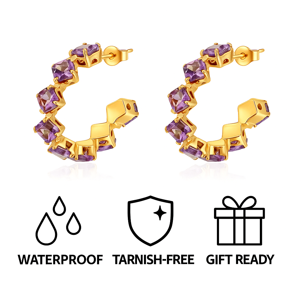 Gold Hoop Earrings with Purple Gemstones – 18K Gold Plated Statement Huggie Hoops for Women, Hypoallergenic Fashion Jewelry Gift