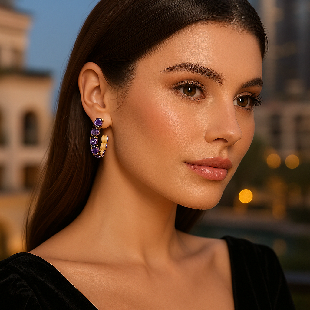 Gold Hoop Earrings with Purple Gemstones – 18K Gold Plated Statement Huggie Hoops for Women, Hypoallergenic Fashion Jewelry Gift