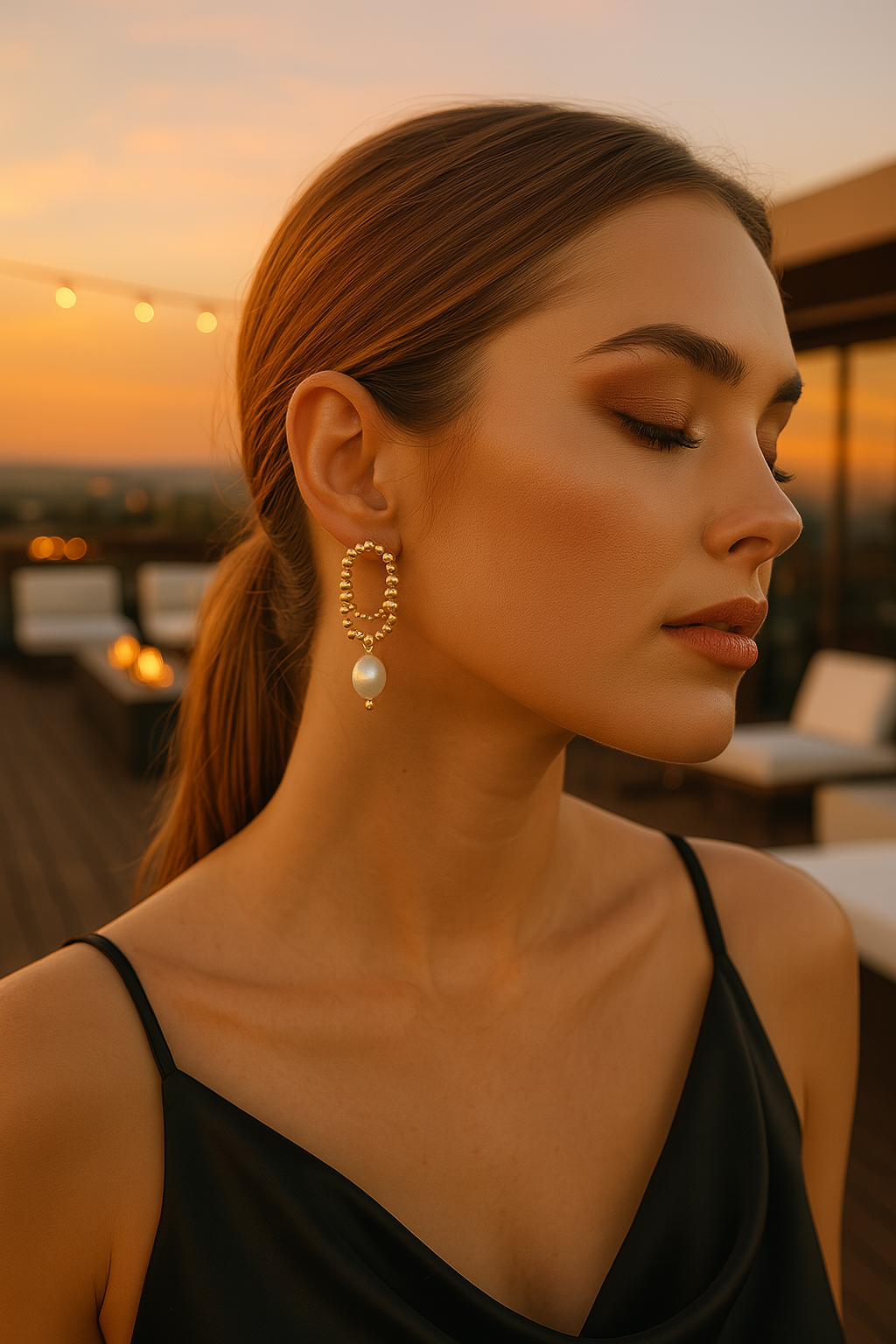 Gold Beaded Pearl Drop Earrings for Women – 18K Gold Plated Double Hoop Dangle Earrings with Simulated Pearls, Elegant Lightweight Statement Jewelry, Waterproof Gift for Her